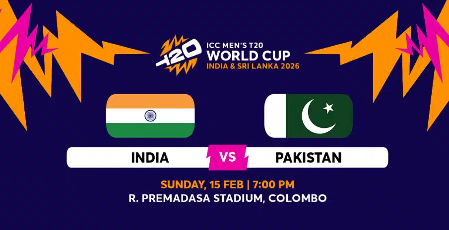 India vs Pakistan in Colombo, Sunday 15 Feb.