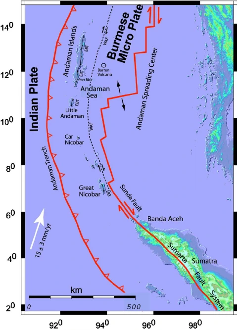 Tectonic plate map showing the Indian Plate and Burmese Micro Plate near the Andaman and Nicobar Islands.