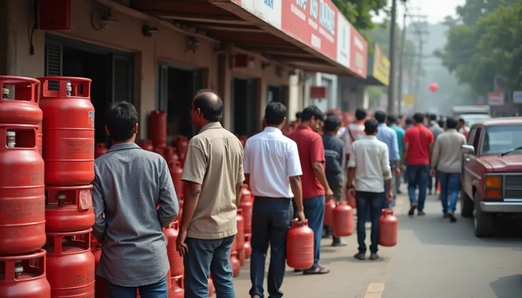 People waiting in line outside an LPG gas agency during an LPG cylinder shortage in India.