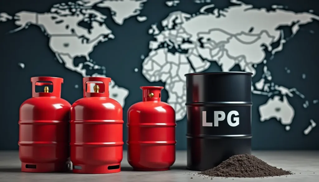 LPG cylinders and crude oil barrels representing the rising crude oil prices.